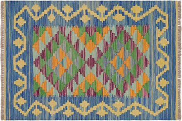 Flat Weave Kilim, Antique, Navaho, Vintage, Handmade, Geometric Kilim Blue Gold Hand-Woven Rectangle 100% Wool Area Rug 2 x 3